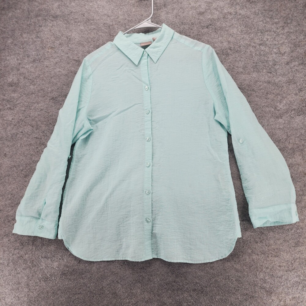 Chicos Shirt Womens 1 US Medium Button Up Blue Roll Tab Sleeve